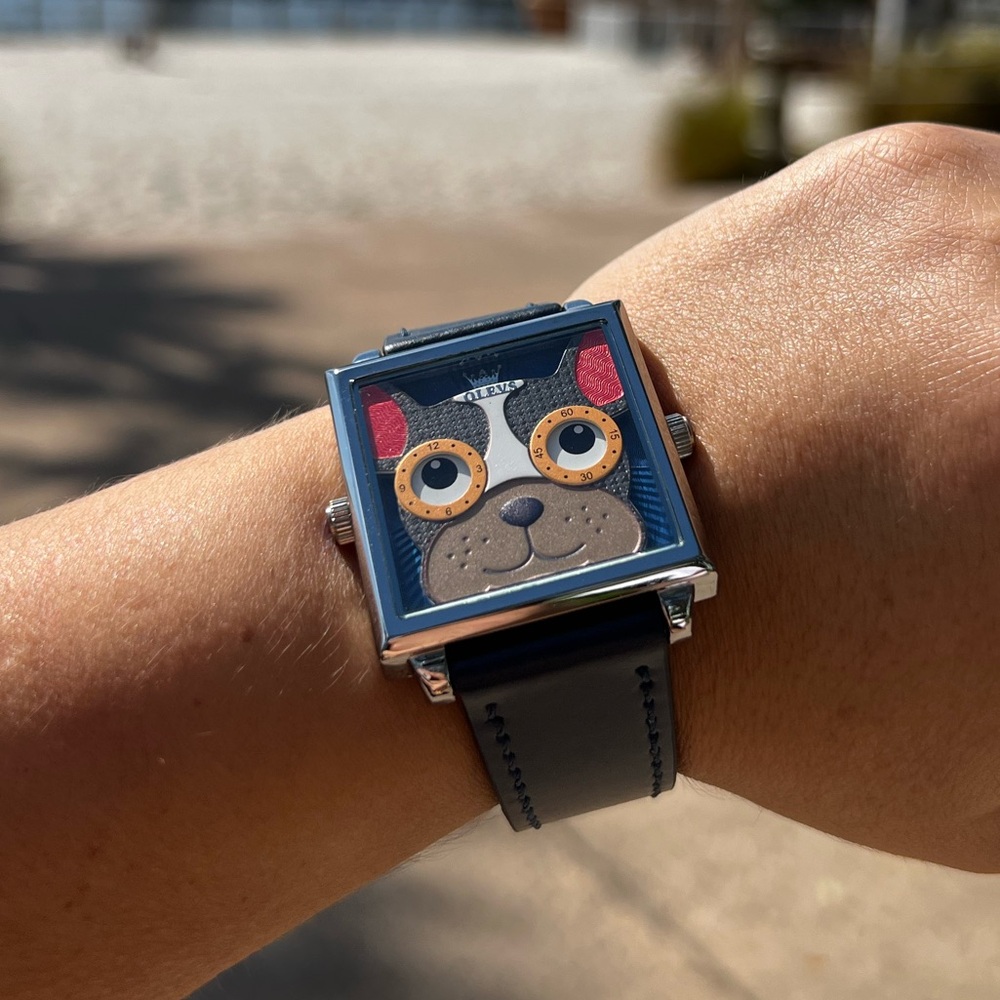 New with tags! Unique watch French Bulldog animated eyes leather band - Picture 5 of 6